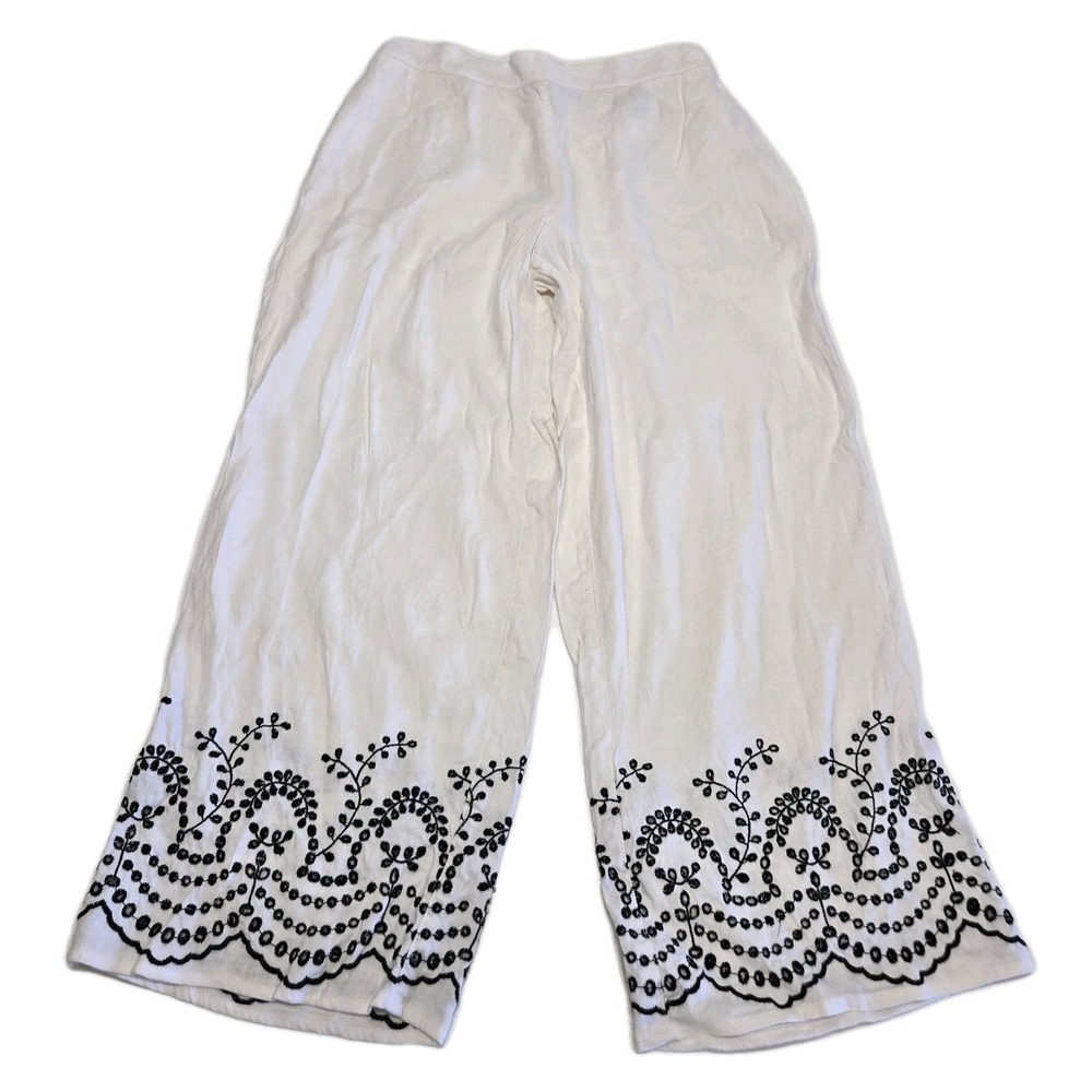 Susan Graver Pants Womens 2 White Linen Blend Floral Boho Hippie Flowy Wide Leg